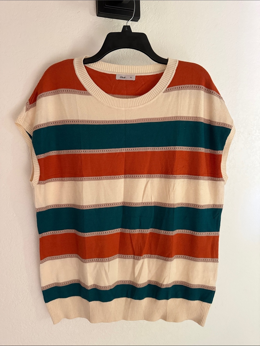 NWOT. Sleeveless Striped Knit Top in Cream, Rust & Teal
